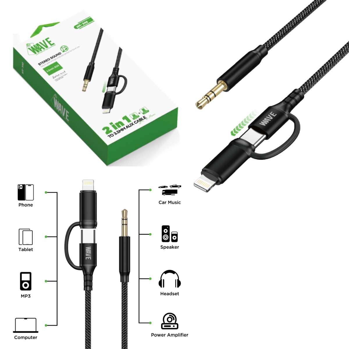 Adapter Dual USB-C / Lightning Male to 3.5mm Male Wave WA-348 1m black