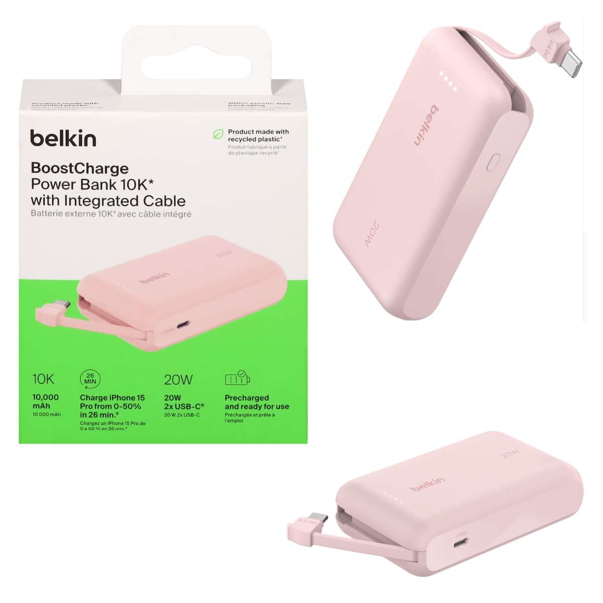 Power Bank Belkin 20W 10000mAh Integrated UBS-C / USB-C pink