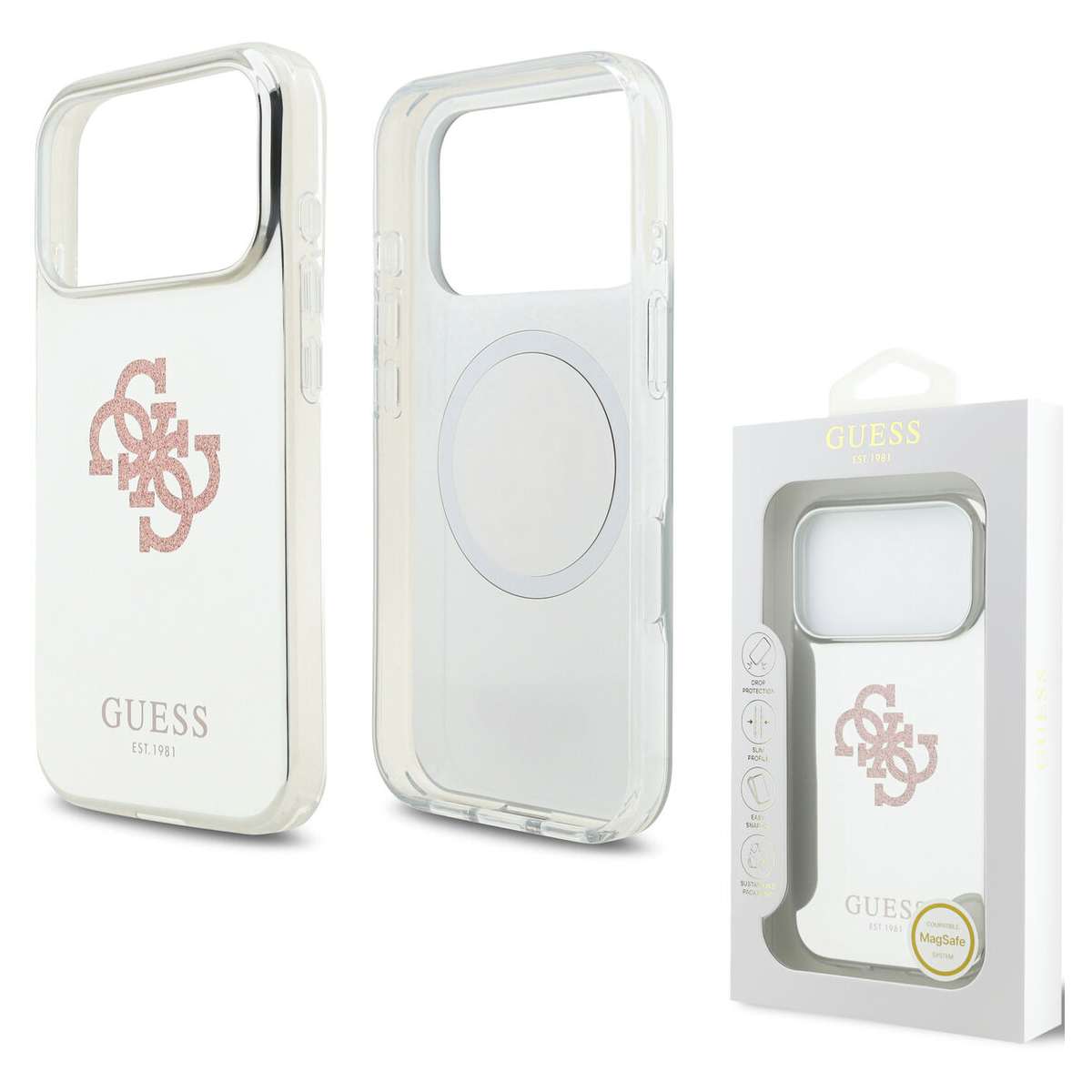 Back Case Magsafe Apple iPhone 17 Pro Guess 4G Big Glitter Logo pink white