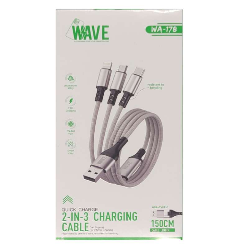 Cable 2-in-3 USB / USB-C to USB-C / Lightning / Micro USB Wave WA-178 1.5m silver