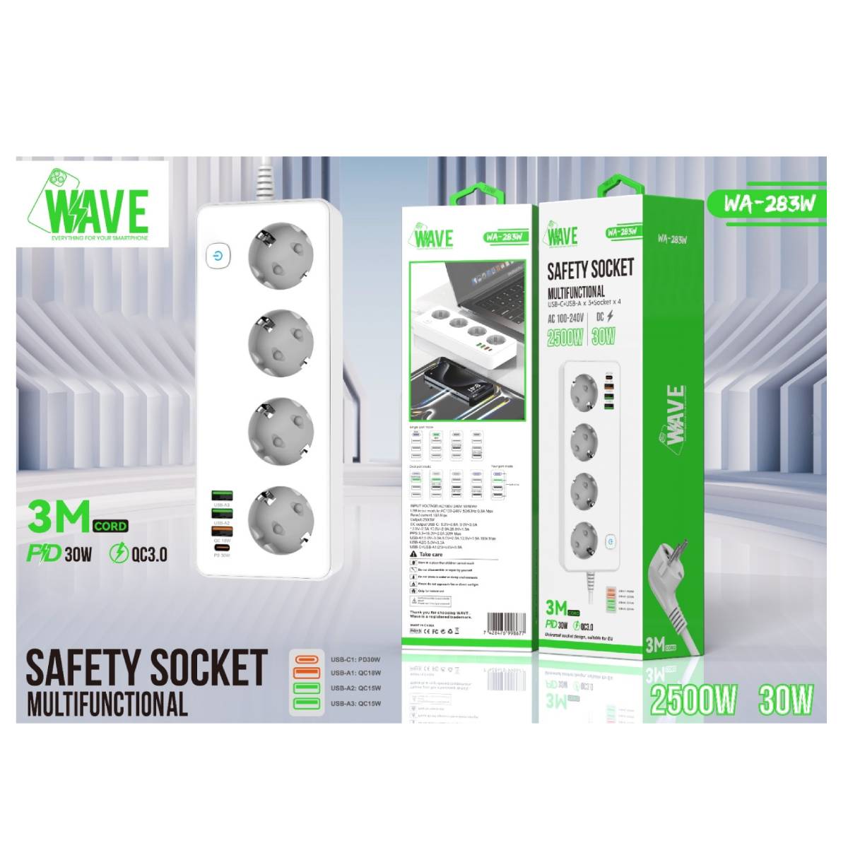 Power Socket Extension Wave WA-283W 3 Gang 30W 3m white