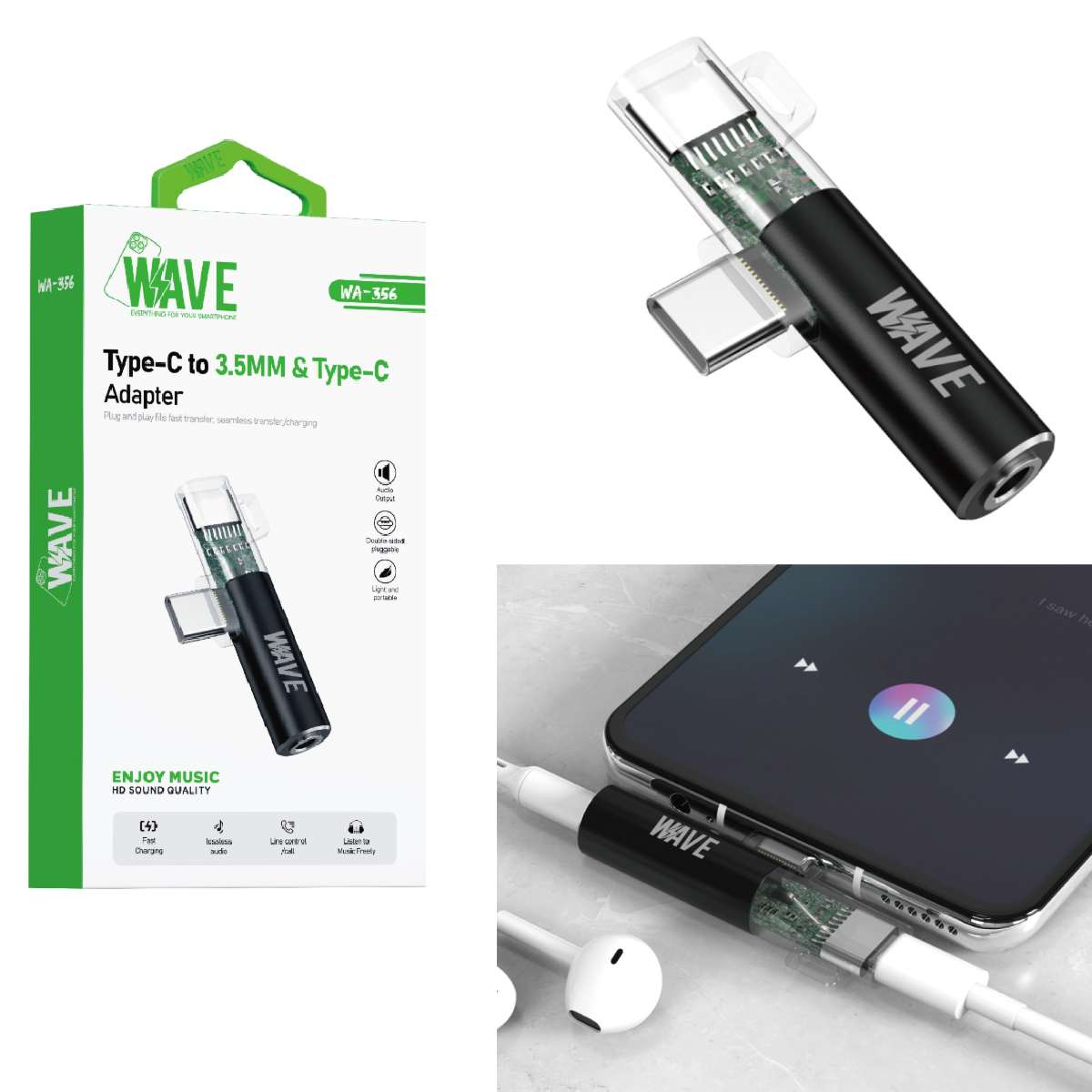 Adapter USB-C Male to USB-C Female / 3.5mm Female Wave WA-356 black