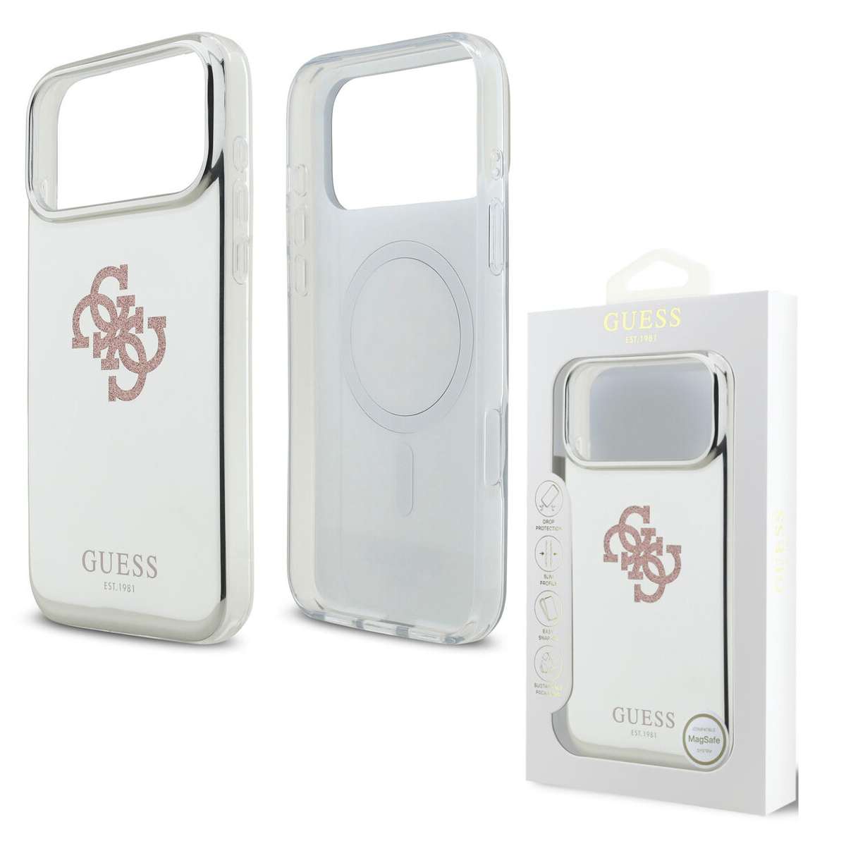 Back Case Magsafe Apple iPhone 17 Pro Max Guess Big 4G Glittern Logo pink white