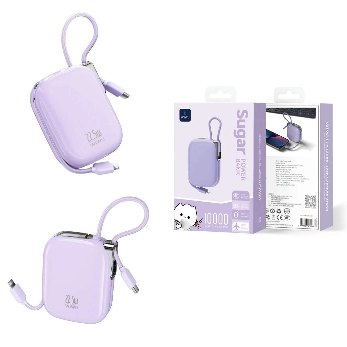 Power Bank USB-C Wiwu Sugar MH136 Integrated Cable 22.5W 1000mAh purple