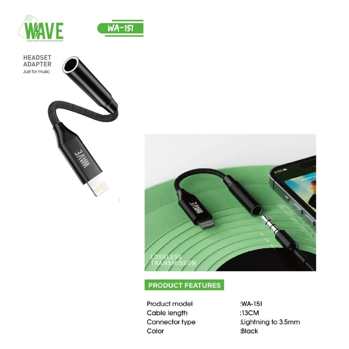 Adapter Lightning Male to 3.5mm Female Wave WA-151 13cm black