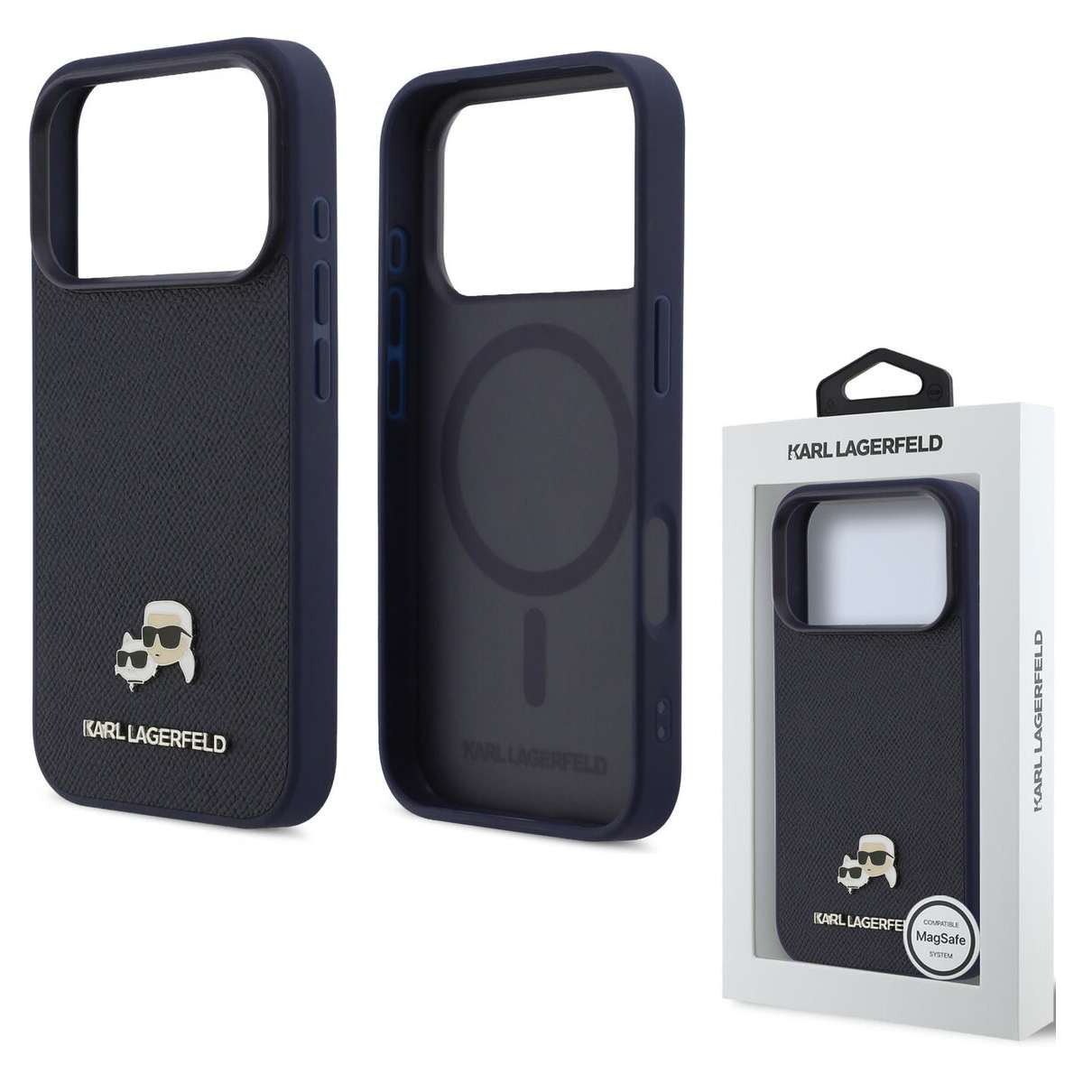 Back Case Magsafe Apple iPhone 17 Pro Max Karl Lagerfeld Saffiano Leather K&C Head Logo navy