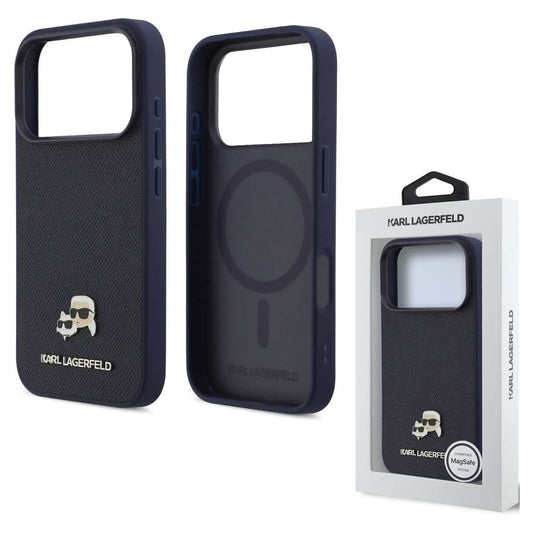Back Case Magsafe Apple iPhone 17 Pro Max Karl Lagerfeld Saffiano Leather K&C Head Logo navy