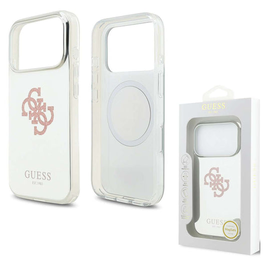 Back Case Magsafe Apple iPhone 17 Pro Guess 4G Big Glitter Logo pink white