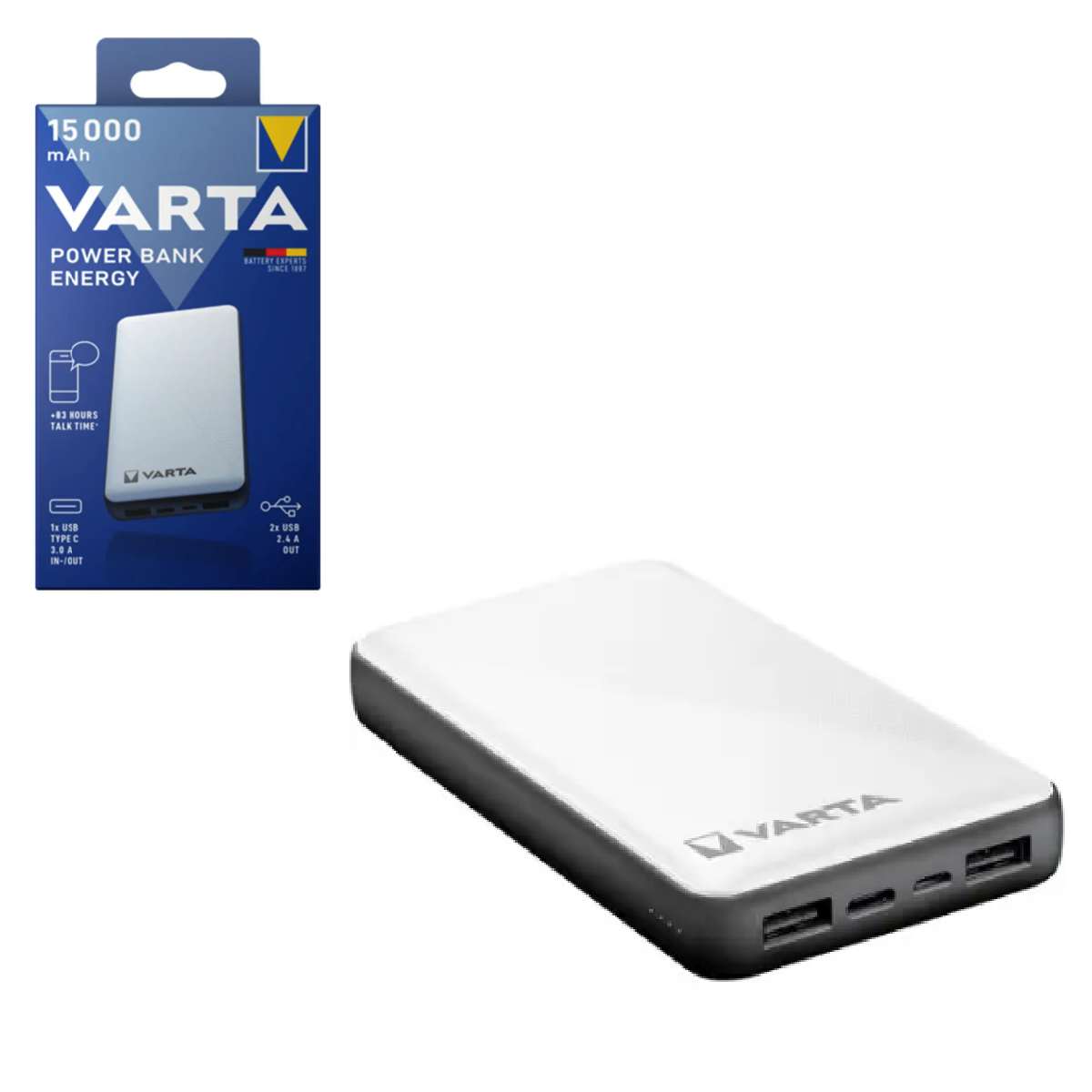 Power Bank Varta 15000mAh Dual USB / USB-C / Micro USB white