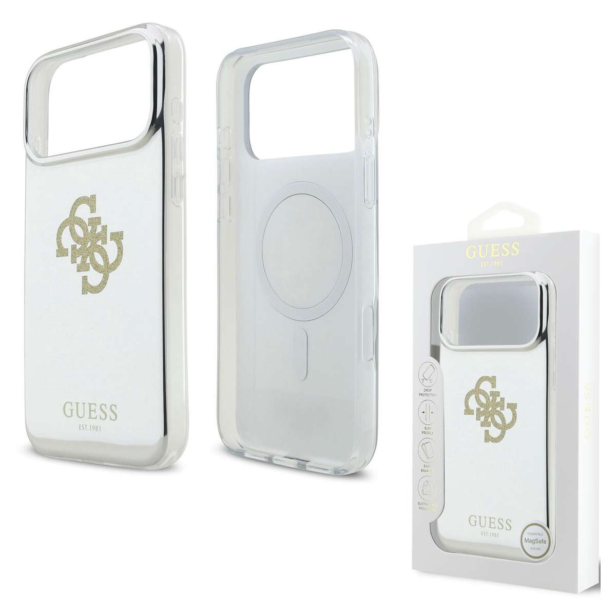 Back Case Magsafe Apple iPhone 17 Pro Max Guess Big 4G Glittern Logo gold white