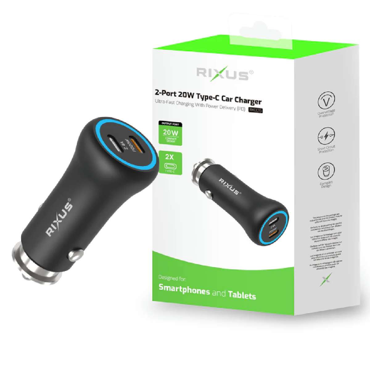 Car Charger Dual USB-C Rixus RXCC15 20W black